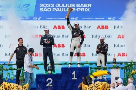 EVANS Mitch (nzl), Jaguar TCS Racing, Spark-Jaguar, Jaguar I - Time 6, CASSIDY Nick (nzl), Envision Racing, Spark-Jaguar, Jaguar I - Time 6, BIRD Sam (gbr), Jaguar TCS Racing, Spark-Jaguar, Jaguar I - Time 6, portrait podium during the 2023 Sao Paulo ePrix, 5th meeting of the 2022-23 ABB FIA Formula E World Championship, on the Sao Paulo Street Circuit from March 23 to 25, 2023 in Sao Paulo, Brazil - Photo Clément Luck / DPPI